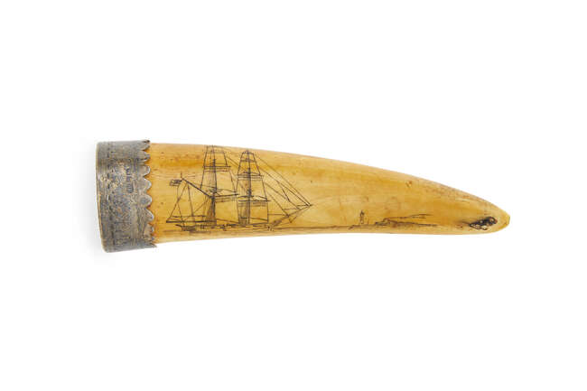 
	
		A silver-mounted scrimshaw decorated whale&#39;s tooth, mid-19th century, hallmarked,...
