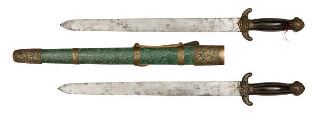 
	
		A Chinese double sword (shuang jian), 19th century, with shagreen and brass mounted...
