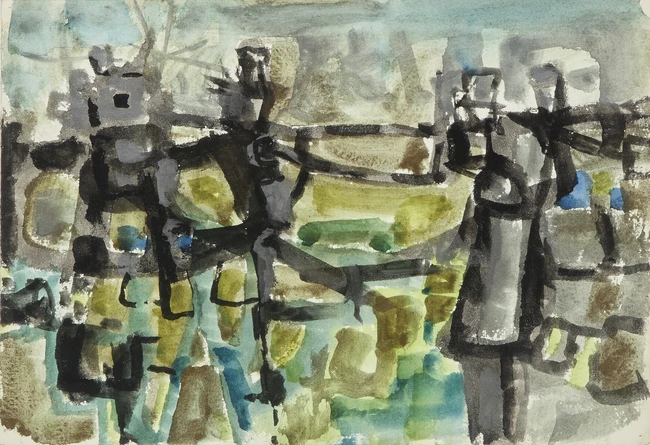 Henry Cliffe, British 1919-1993 - Figures in a landscape; gouache on paper, 19.5 x 28.5 cm...