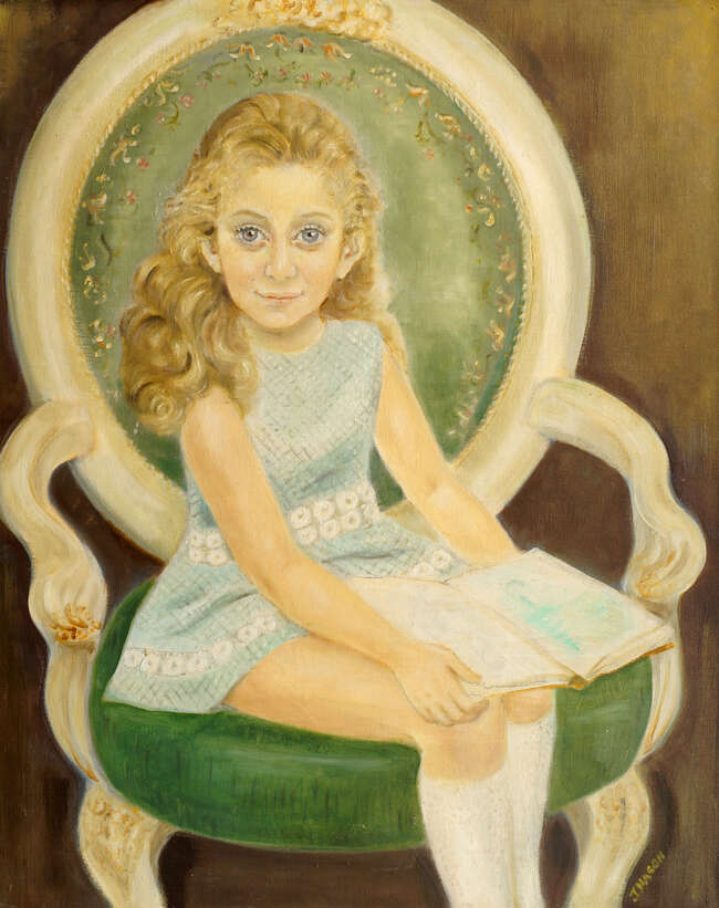 
	
		J Hason, mid/late 20th century- Portrait of a seated young girl with a book; oil on...