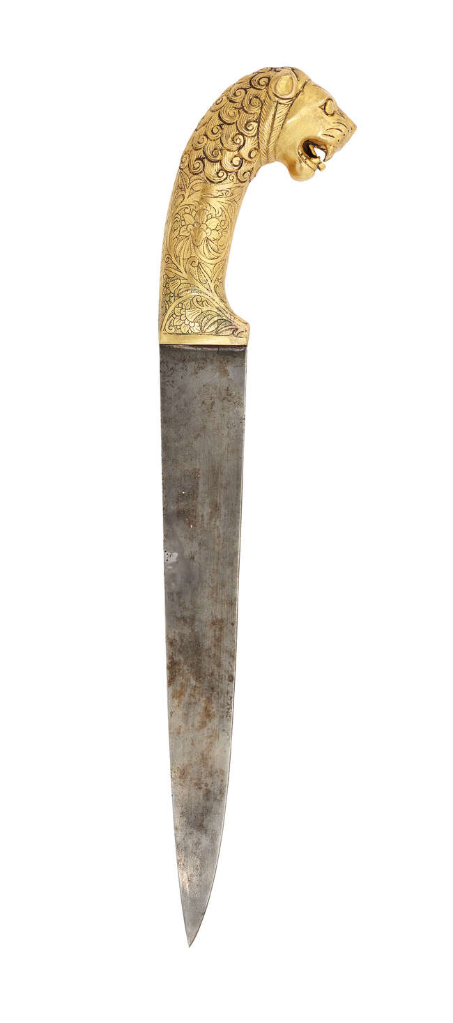 
	
		A Mughal lion-hilted dagger, India, 19th/20th century, the straight steel blade plain,...