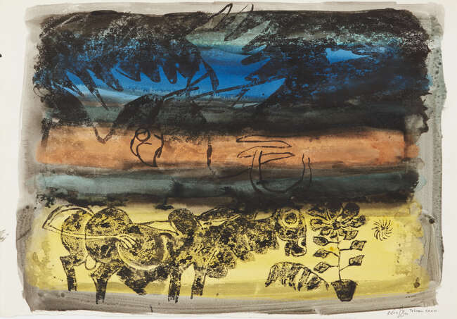 
	
		M.F. Husain (Indian,1915-2011) Untitled, Bull, 1972, gouache and ink on paper, Tehran...