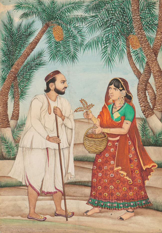 
	
		Bishan Singh (1836-1900) attributed, North India, circa 1865, Pandit and flower seller,...