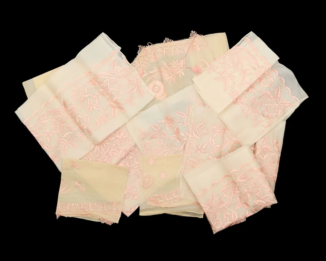 Pink silk embroidered panels or dress elements, Ottoman Turkey, 19th/20th century, 
With...
