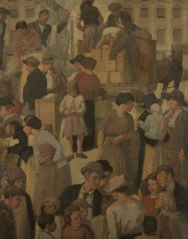 
	
		H M F Taylor NEAC,
		British exh. 1921-
		 
		A crowded street scene;
		 
		oil on...