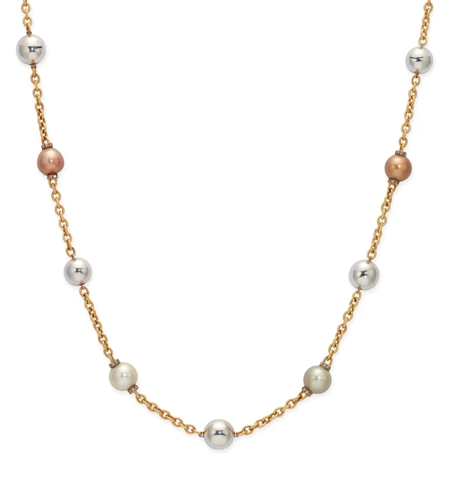 A South Sea cultured pearl and diamond necklace, designed as a series of vari-coloured South Sea...