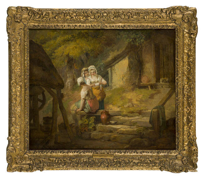 
	
		Francis Wheatley RA, 
		British 1747-1801- 
		 
		Three Country Girls by a Well;...