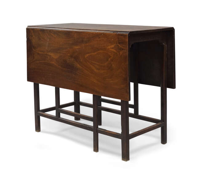 
	
		A George III mahogany drop leaf gate leg table, the square legs joined by stretchers,...