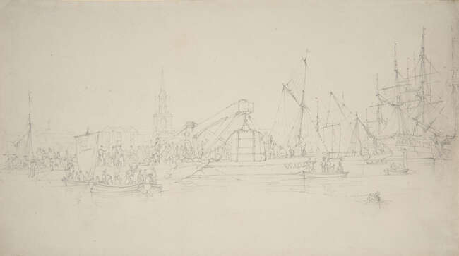 
	
		Edward William Cooke RA, 
		British 1811-1880- 
		 
		Stone Barge (London Bridge);...