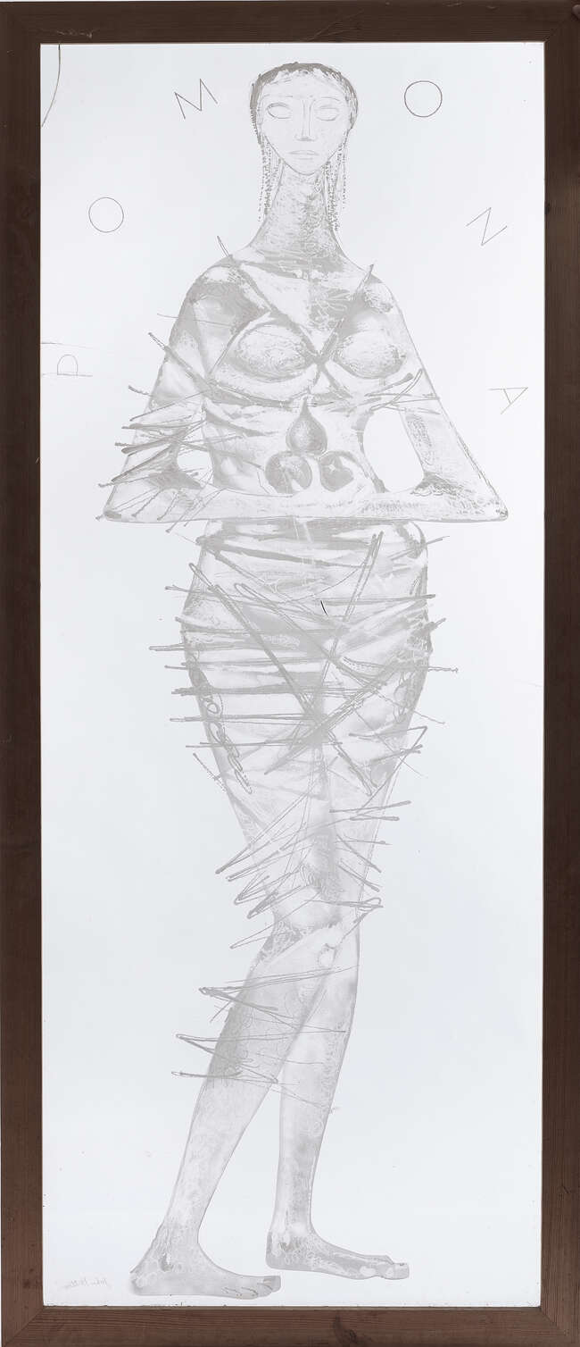 
	
		John Hutton (1906-1978), a full length engraved figurative glass window
		Pomona, 1961,...