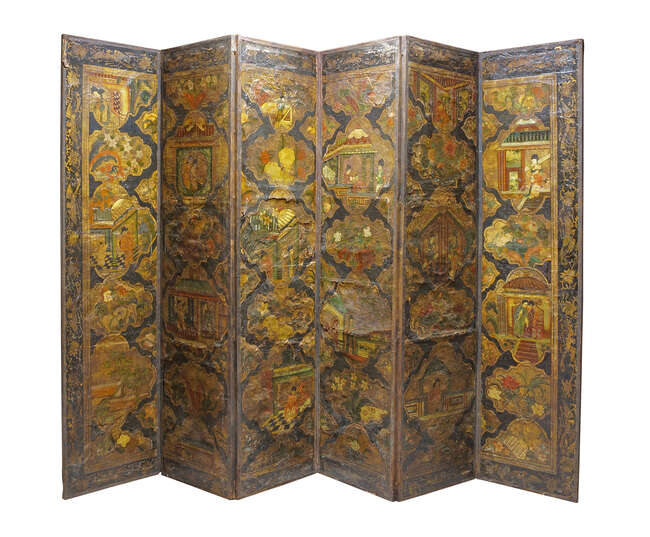 
	
		A North German Chinoiserie and painted leather six-fold screen, mid-18th century, each...