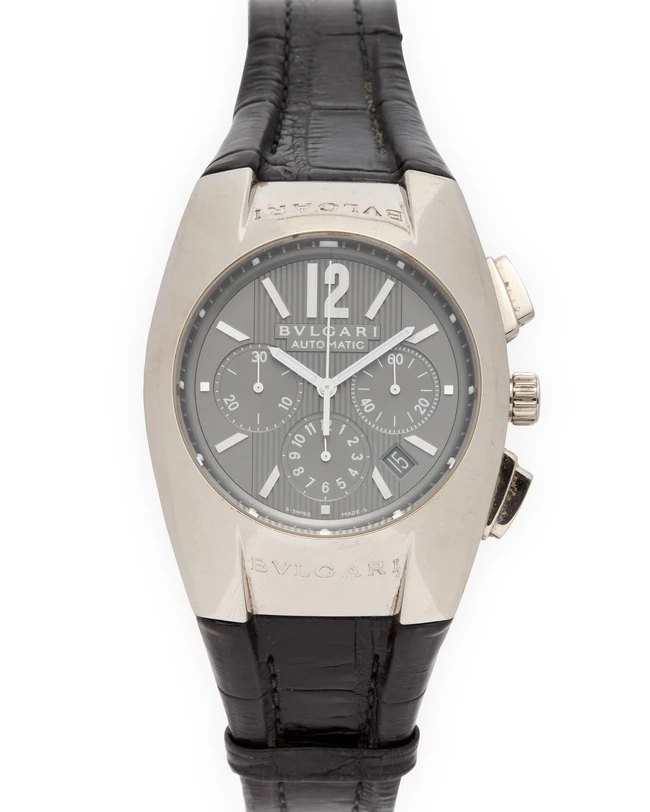 Bulgari. An 18ct white gold automatic chronograph calendar wristwatch with box and papersErgon...