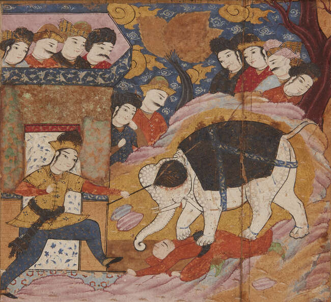 
	
		An illustration to a Shahnameh, circa 1600, gouache on paper heightened with gold,...