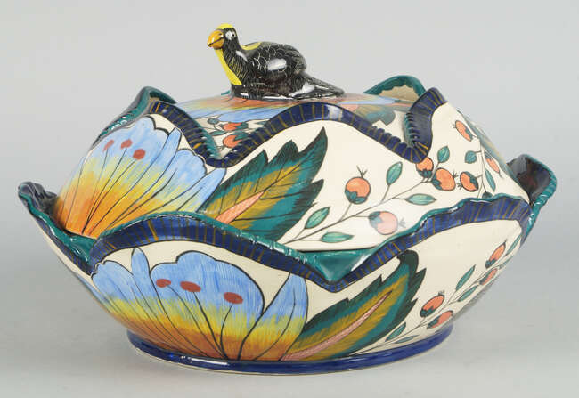 
	
		An Ardmore Studio (South African) ceramic bowl and cover by Zwile Hadebe, painted by...