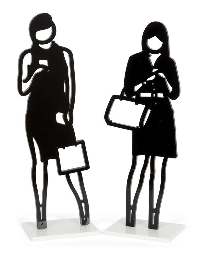 
	
		Julian Opie,
		British b.1958
		 
		Telephone & Handbag, 2019;
		 
		two laser cut...