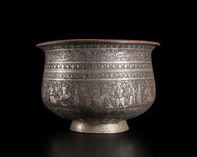 Safavid engraved tinned copper bowl,Persia, late 17th century
of deep hemispherical form with...
