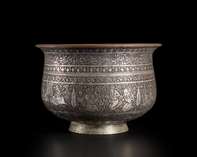 Safavid engraved tinned copper bowl,Persia, late 17th century
of deep hemispherical form with...
