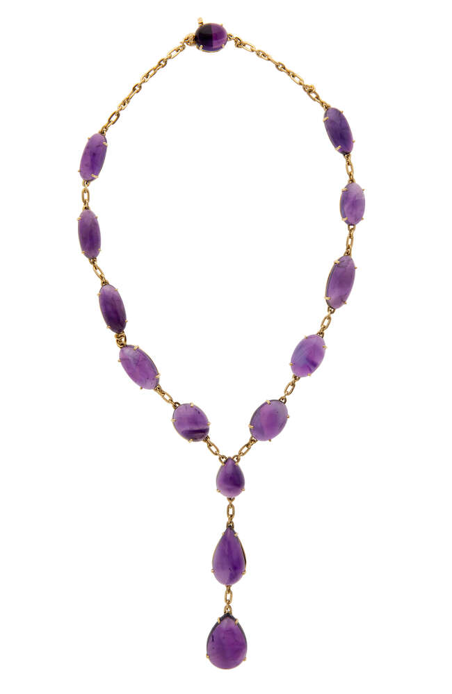 
	
		An amethyst necklace, designed as a series of oval amethyst cabochons to curb link...