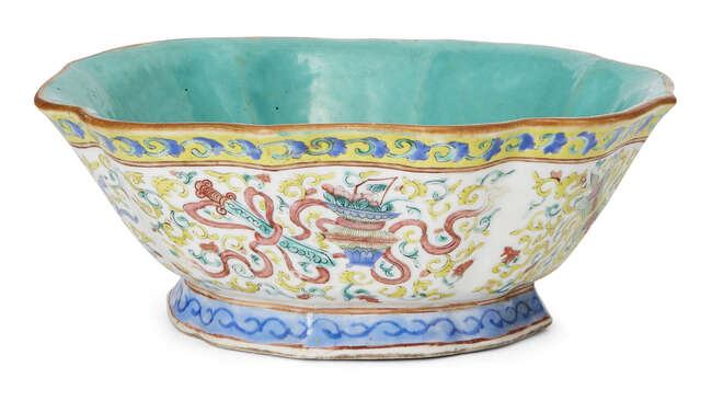 
	
		A Chinese porcelain petal-moulded footed bowl, Tongzhi seal mark and of the period, 
