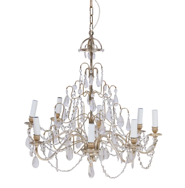 A white metal and cut glass eight-light chandelier, 20th century, the scrolling arms issuing...