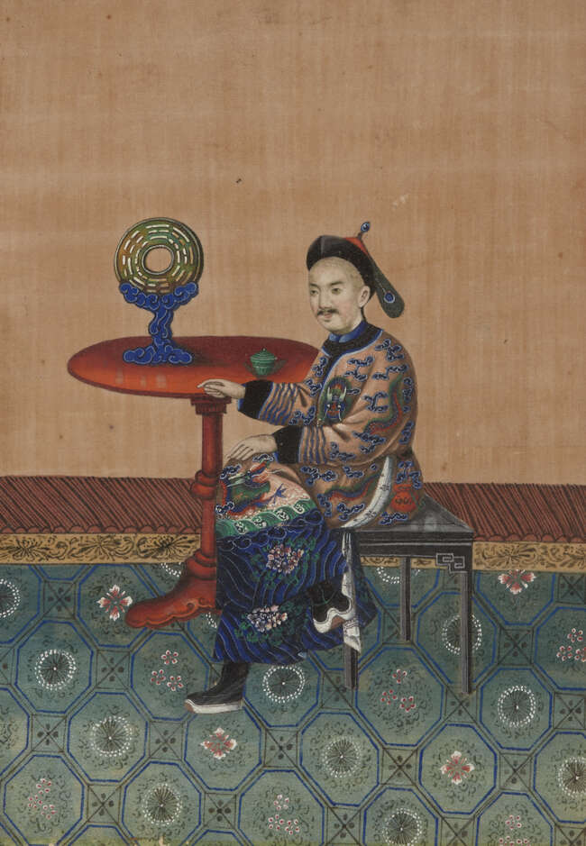 
	
		Three Chinese paintings on rice paper, 19th century, each finely painted with a court...