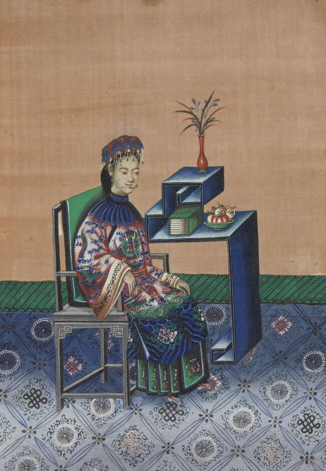 
	
		Three Chinese paintings on rice paper, 19th century, each finely painted with a court...