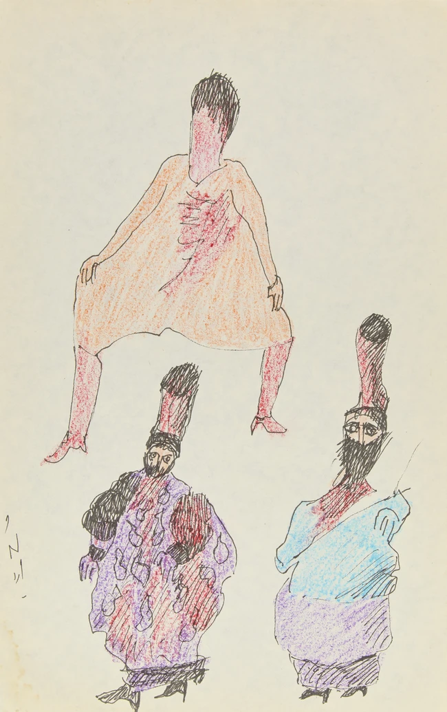 Ardeshir Mohasses (Iranian 1938-2008),
 Untitled, Three figures; 
Ink and crayon on...