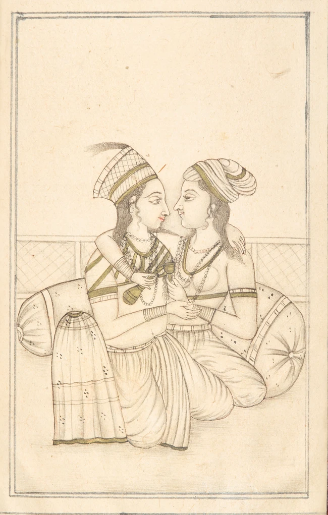 A preparatory sketch : two ladies embracing on a terrace, Probably Murshidabad, Provincial...