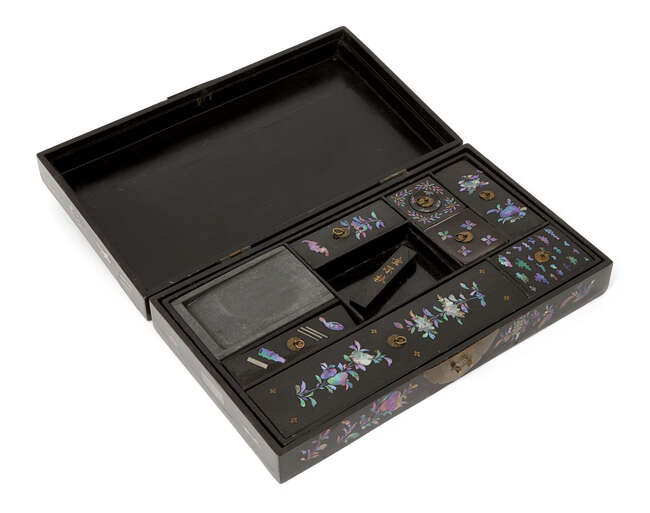 
	
		A Chinese black lacquer and mother of pearl inlaid wood travelling writing box, 19th...