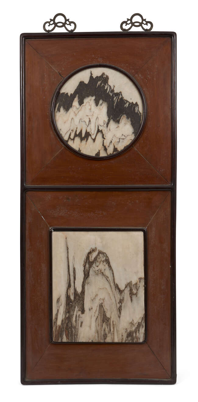
	
		A Chinese hardwood &#39;dreamstone&#39; panel, late Qing dynasty, set with one circular and one...