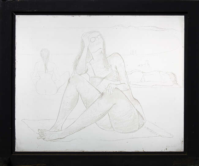 
	
		John Hutton (1906-1978), a engraved glass figurative window
		Girls on a beach, c. 1969,...