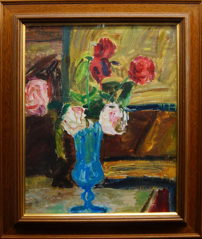 Angelo Iarusso, Italian 1923-1990-
Flowers in a blue vase;
oil on board, 46 x 37 cm (ARR)