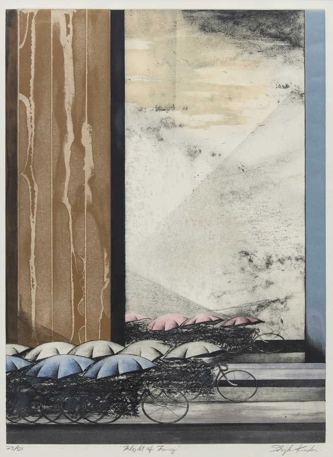 Shigeki Kuroda,Japanese b. 1953- 
Flight of Fancy, 
etching with aquatint in colours on wove,