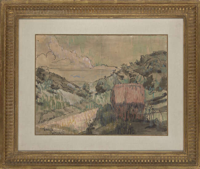 
	
		Émile Henri Bernard, 
		French 1868-1941- 
		 
		Paysage; 
		 
		encre on chine on...