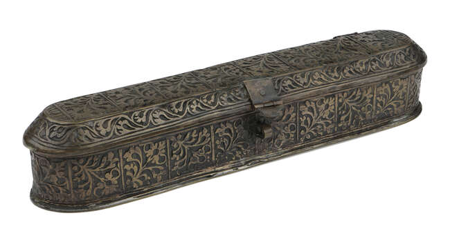 
	
		An engraved copper qalamdan, India, 19th century, with rounded ends and hinged lid,...