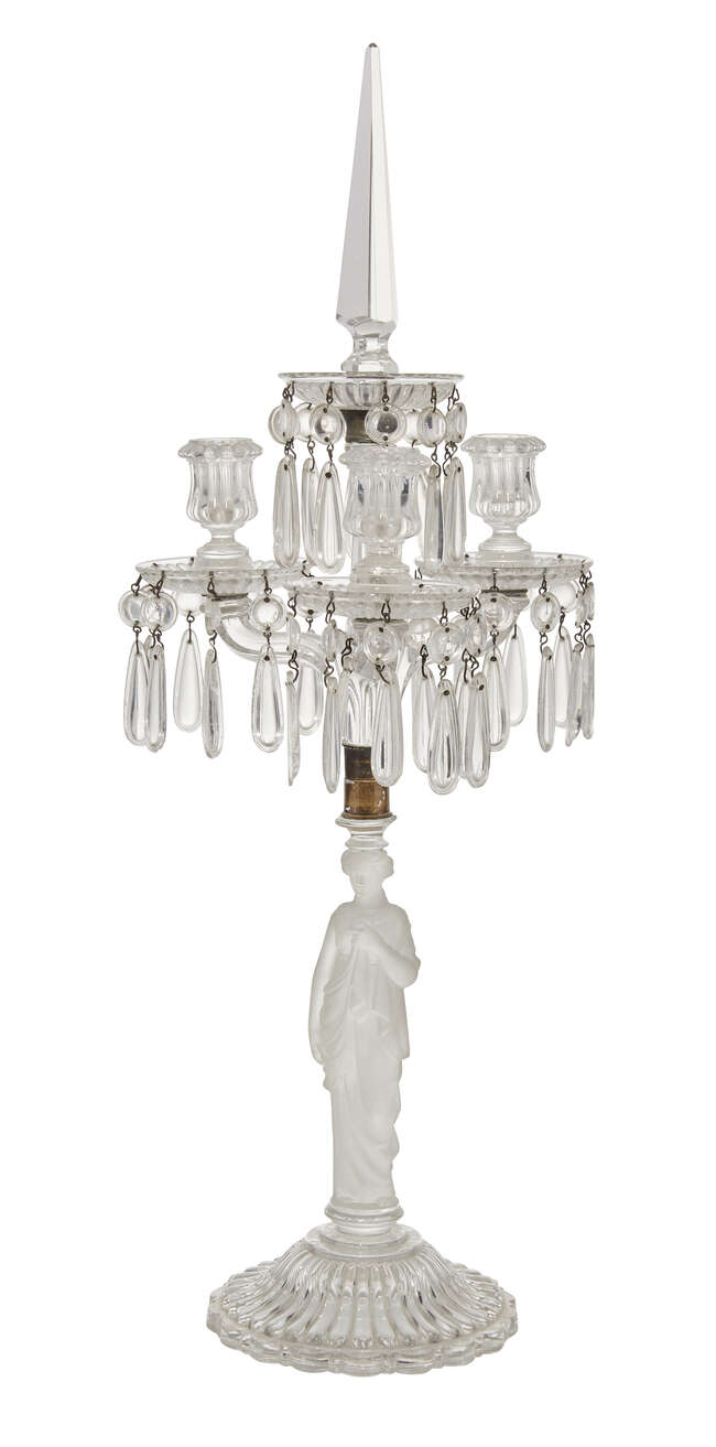 
	
		A frosted glass three light candelabra, in the style of Baccarat, late 20th century, the...