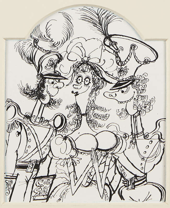 
	
		Ronald Searle, 
		 
		British 1920-2011- 
		 
		A maiden with two officers;...