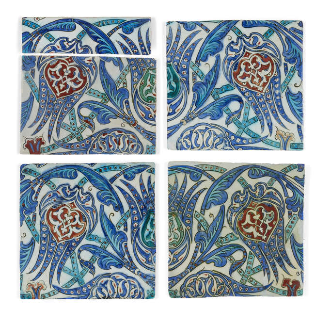 
	
		A group of four large Iznik tiles, Turkey, 17th century, underglaze painted in turquoise,...