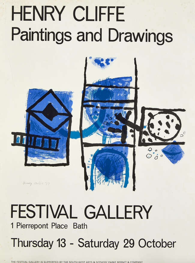
	
		Henry Cliffe, 
		British 1919-1983- 
		Composition in blue and black; 
		lithograph...