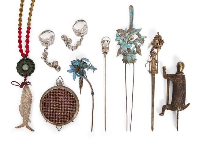 
	
		A collection of Chinese jewellery, 19th - 20th century, to include a kingfisher set hair...