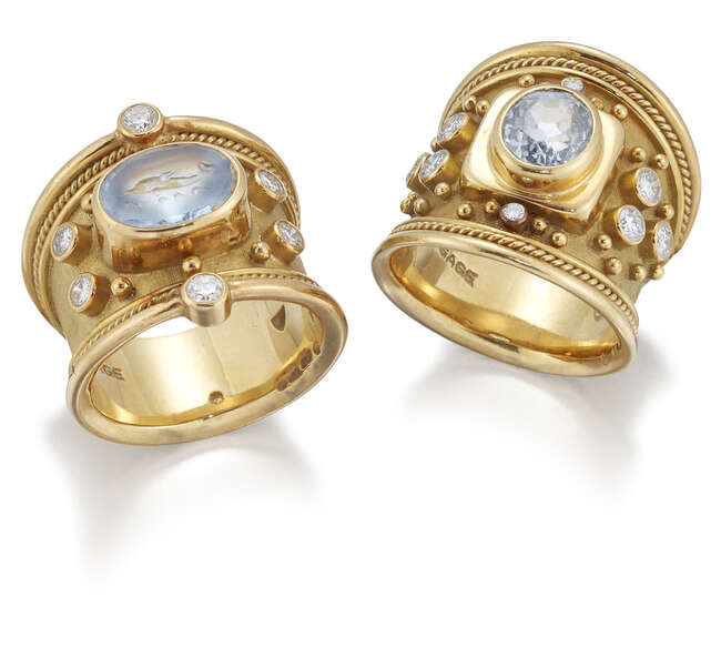 
	
		Elizabeth Gage, two &#39;Templar&#39; diamond and aquamarine rings, by Elizabeth Gage, signed EG...