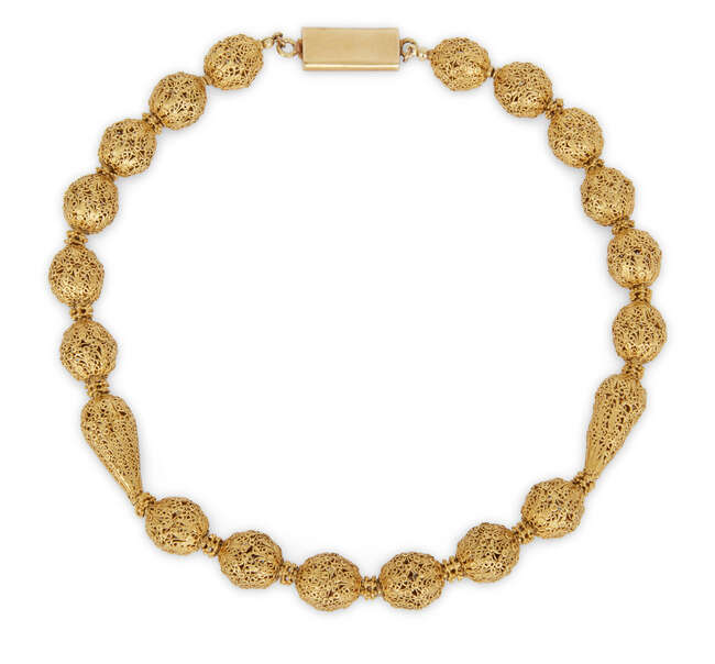 
	
		A very fine gold filigree and granulated bead necklace, Julfa, Iran, late 18th century or...