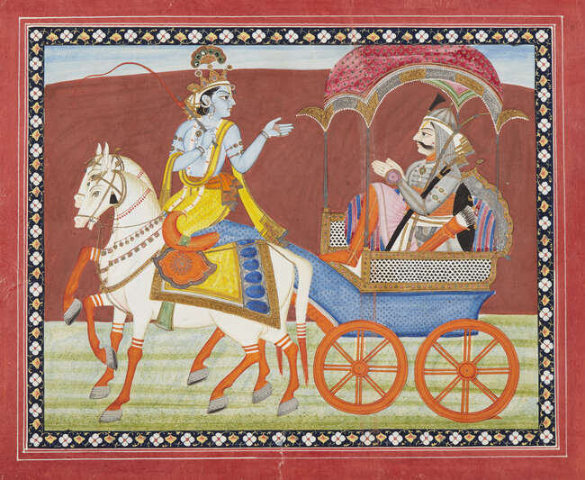 
	
		Illustration from the Gita Govinda: Krishna and Arjuna in a chariot, Kangra, Punjab...
