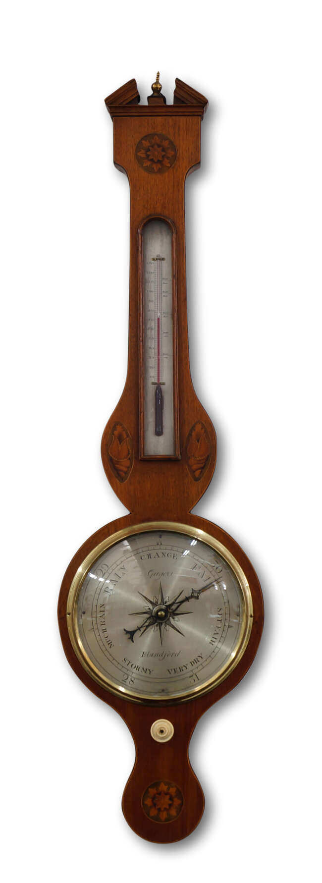 
	
		A mahogany wheel barometer by Gugeri, Blandford, 19th Century, the inlaid banjo case with...