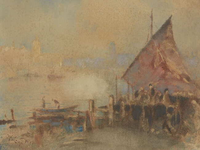 
	
		Ruston Vicaji, 
		British/Indian 1856-c.1928 - 
		 
		Harbour scene; 
		 
		pastel...