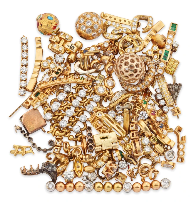 A group of diamond set components, including a collection of diamond and gem-set bracelet...