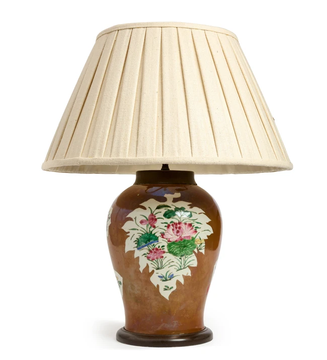 A large Chinese famille rose and café-au-lait-glazed vase table lamp, 18th / 19th century,...