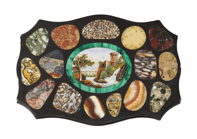 
	
		An Italian micromosaic and specimen marble paperweight, mid 19th century, the shaped...