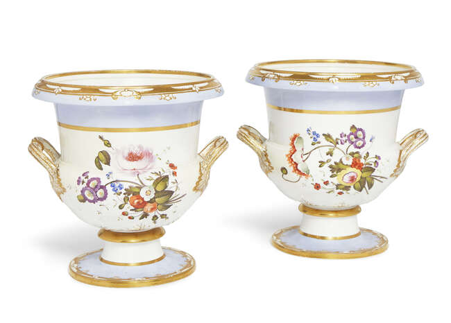 
	
		A pair of Spode porcelain Campana type urns, early 19th century, decorated with reserves...