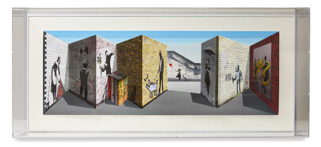 
	
		Patrick Hughes,
		British b.1939-
		 
		Banksy, 2018;
		 
		hand-painted multiple with...